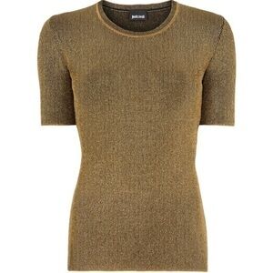 Just Cavalli ✘ Gold Metallic Lurex Ribbed Knit Crew Neck Short Sleeve Top Italy